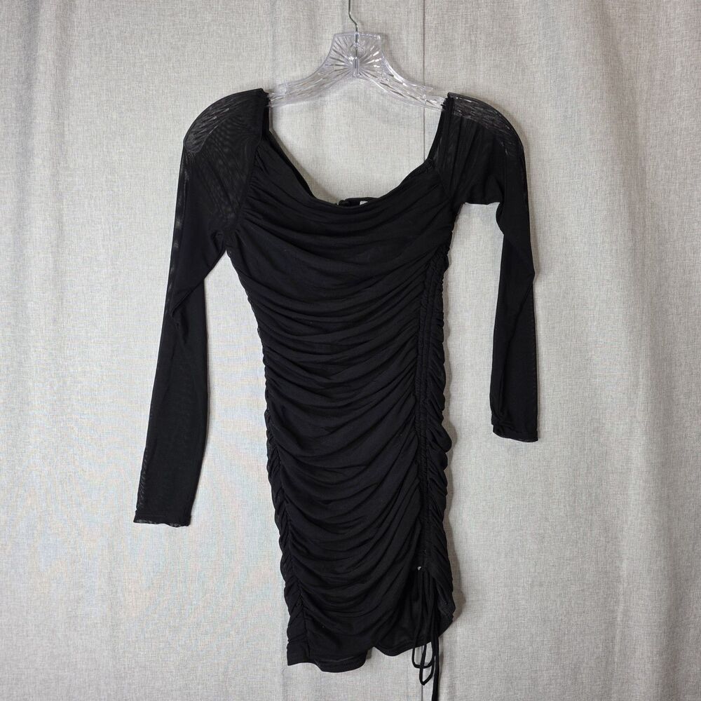 Black Mesh Ruched Bodycon Mini Dress Sheer Long Sleeve Square Neck Whimsigoth S